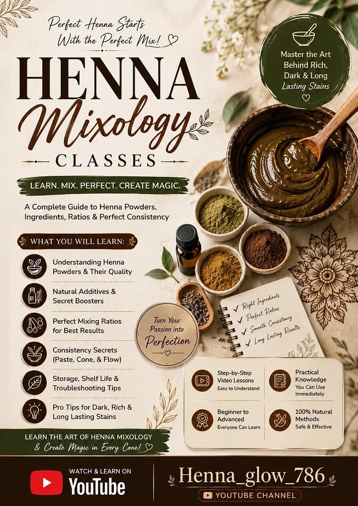 Beauty & Salon creative ad: Henna mixing ingredients and tools arranged around an instructional course promotion
