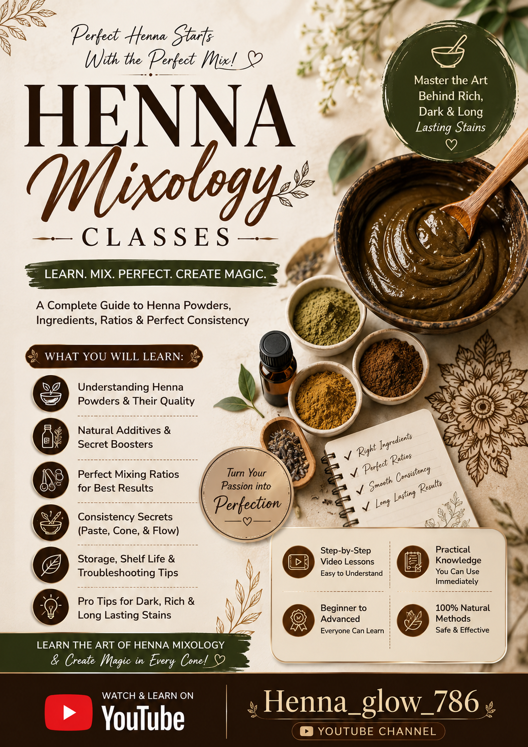 Poster: Henna mixing ingredients and tools arranged around an instructional course promotion