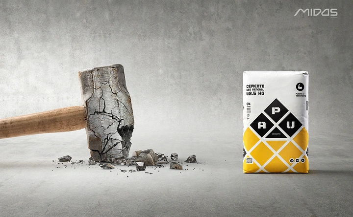 Creative ad: Cracked, shattered sledgehammer facing an intact cement bag
