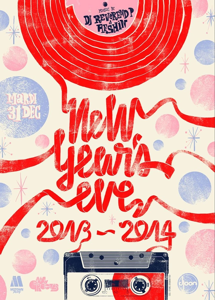 New Year creative ad: Vinyl record unspooling into ribbon lettering above a cassette