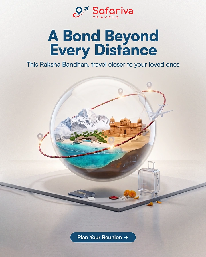 Raksha Bandhan creative ad: Glass globe wrapped in rakhi, travel reunion