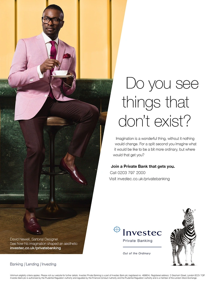 Stock Brokers & Investing creative ad: Stylish designer in pink blazer on bar stool