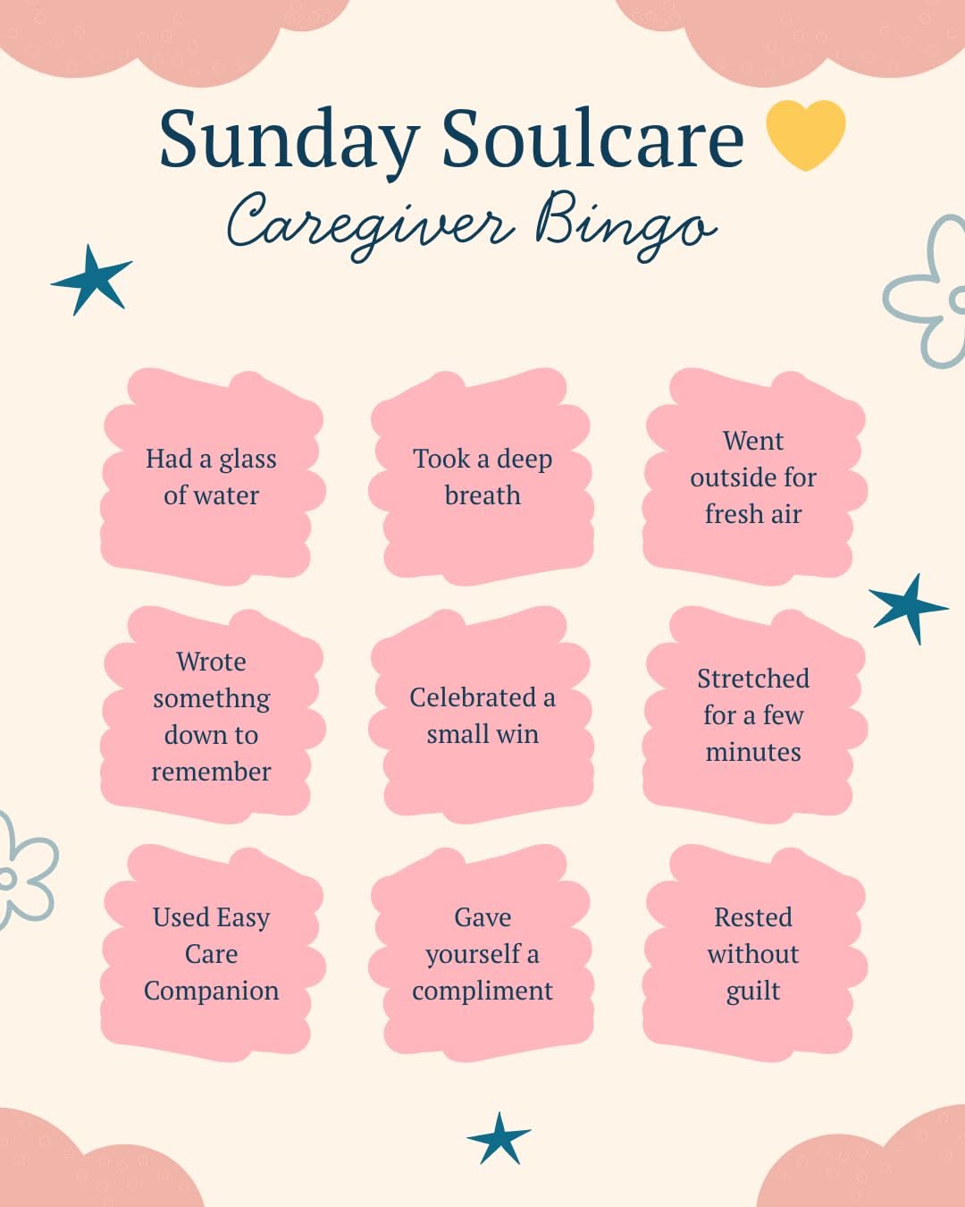 Instagram post: Caregiver self-care bingo card idea