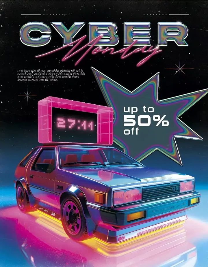 Cyber Monday creative ad: Retro 80s car with neon digital clock on roof