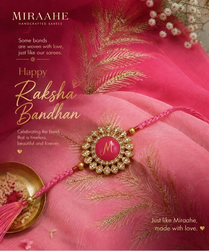 Raksha Bandhan creative ad: Kundan monogram rakhi on draped pink organza saree