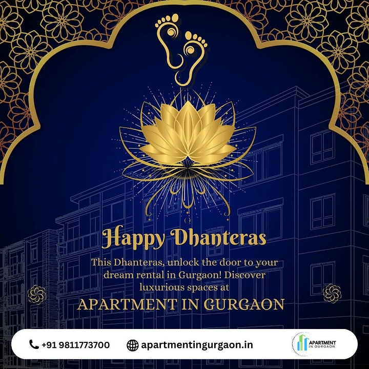 Dhanteras creative ad: A luminous gold lotus and auspicious footprints above a luxury apartment line drawing