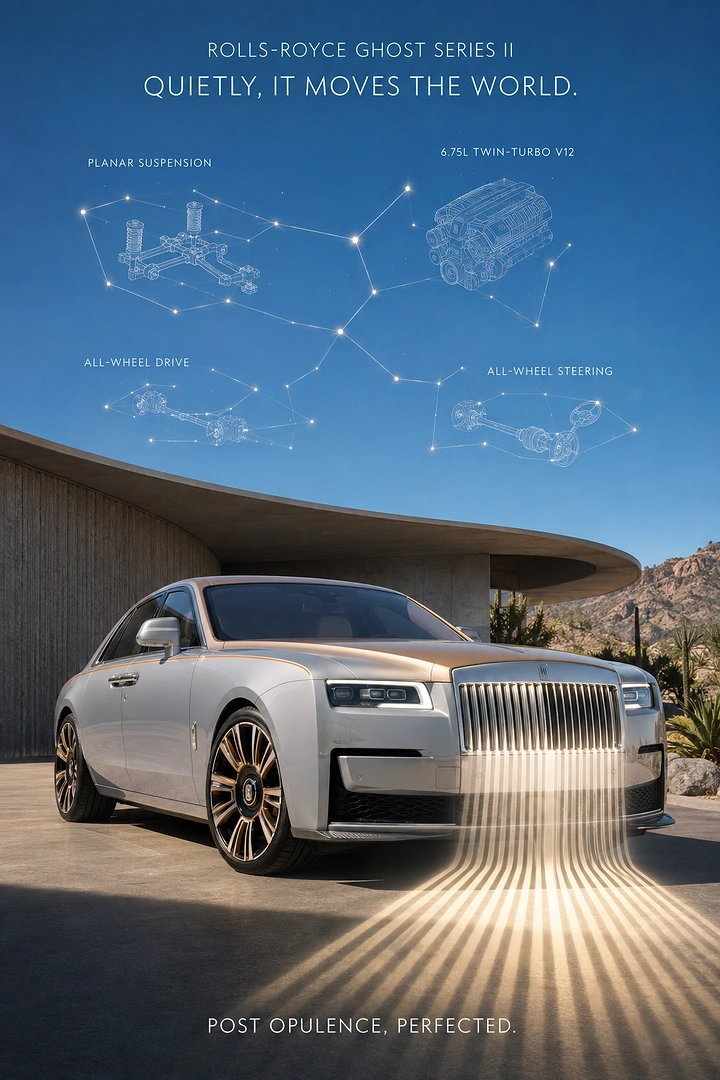 Automotive creative ad: Silver-and-bronze luxury saloon beneath a sky of engineering constellations