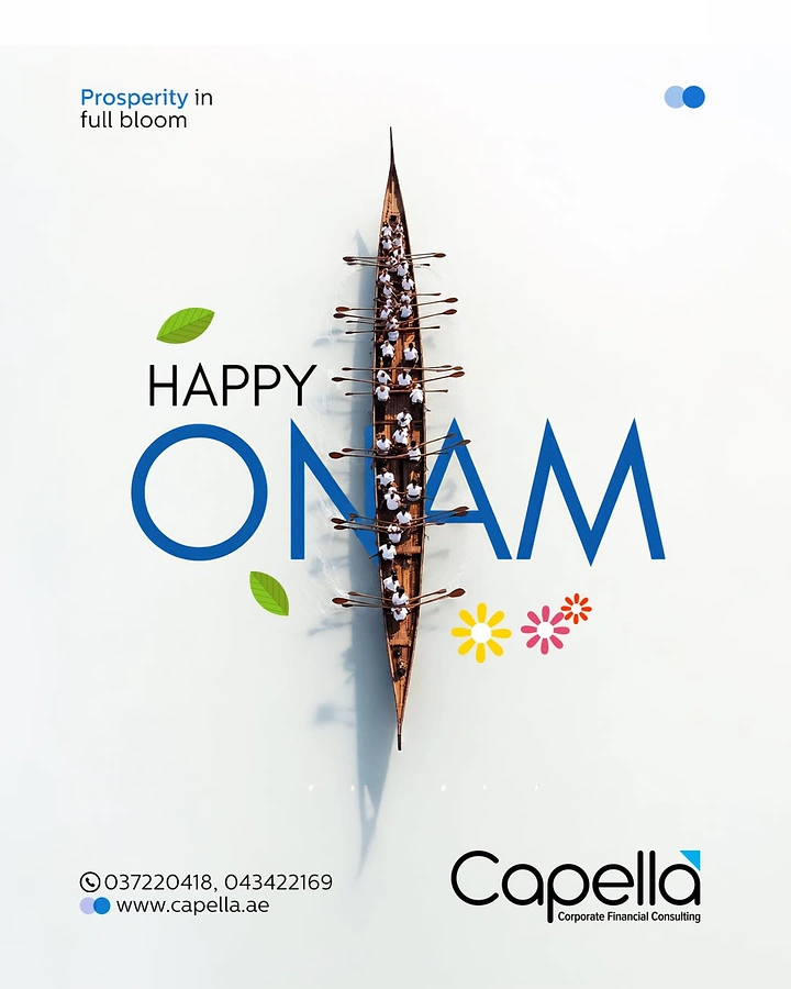 Onam creative ad: Aerial view of a snake boat crew cutting vertically through the lettering
