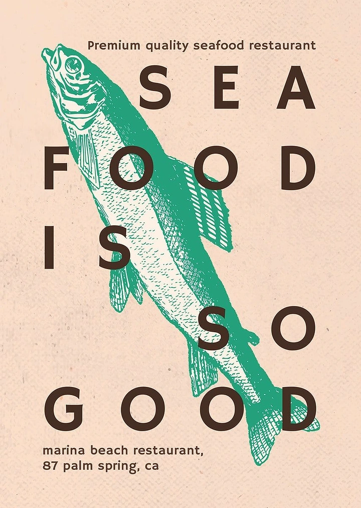 Seafood Restaurants creative ad: Fish illustration reinforces typographic message
