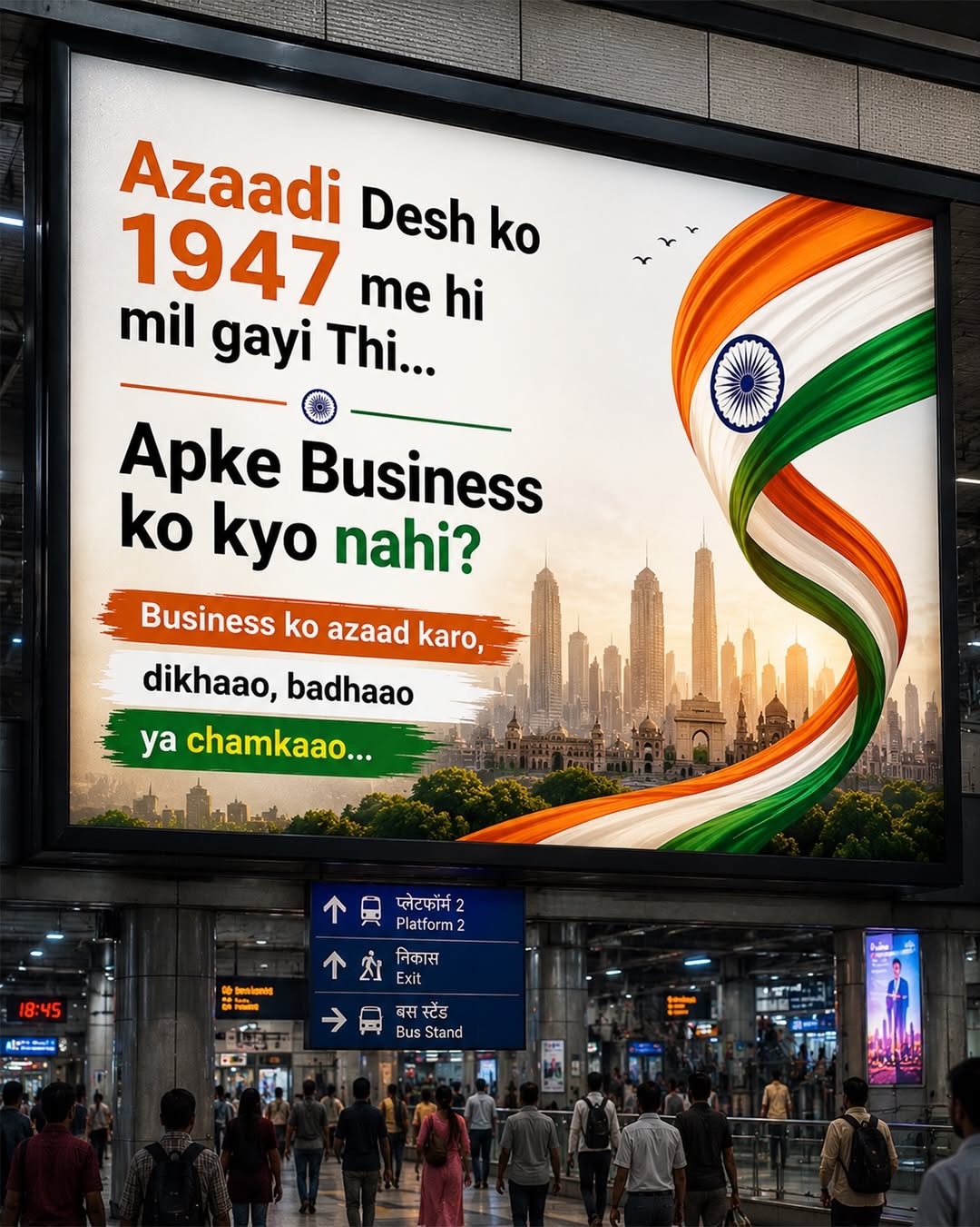 Giant roadside billboard showing a tricolour flag ad at dusk