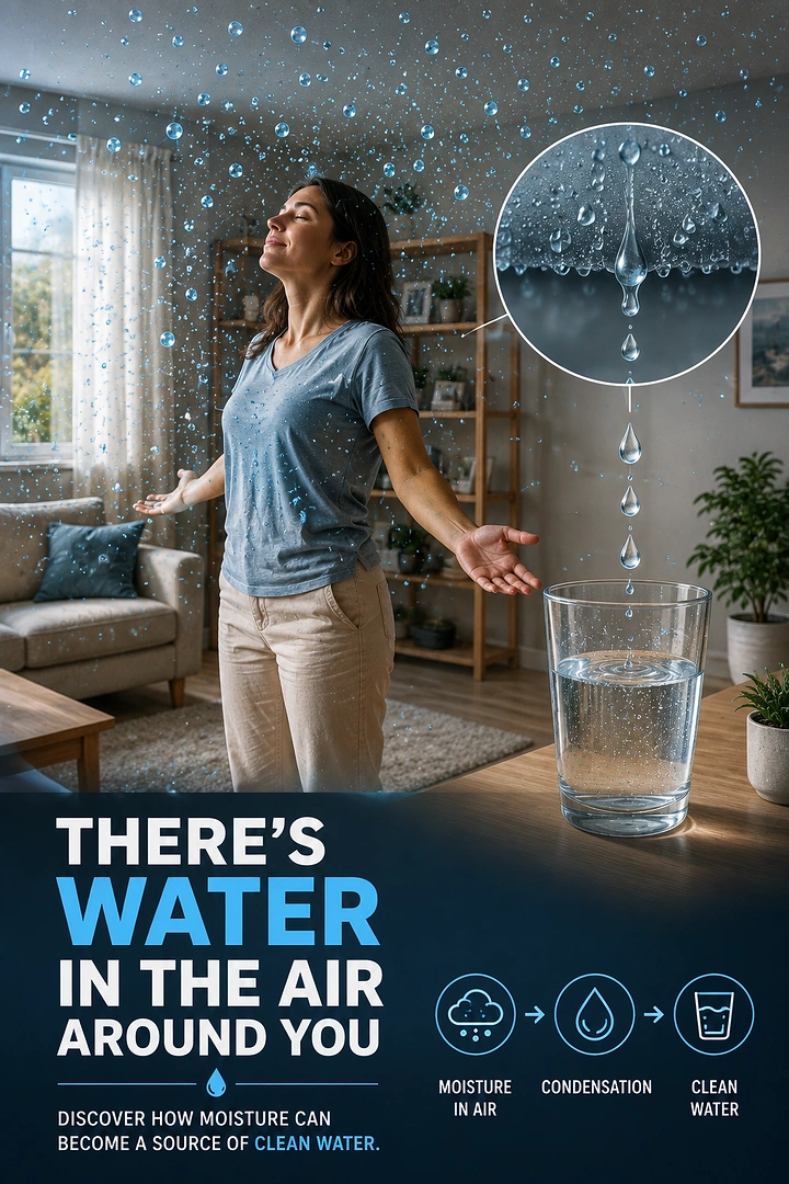 Water Purifiers creative ad: Water from air, droplets indoors metaphor