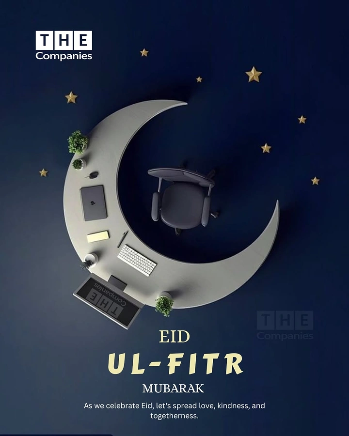 Eid creative ad: Crescent-moon-shaped office desk with chair, top-down view