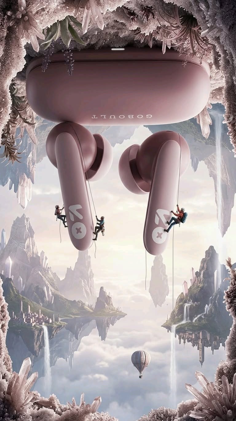 Story: Surreal floating-headphones fantasy landscape