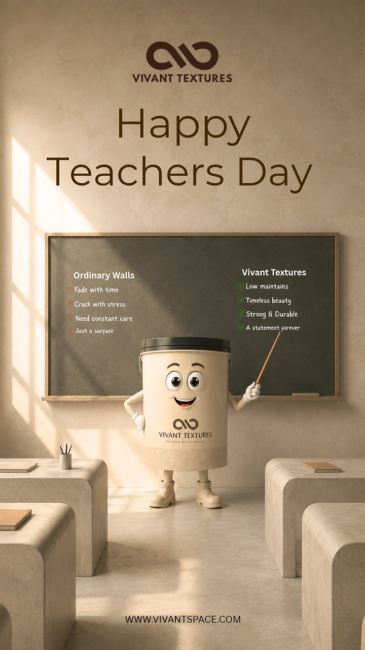 Teachers Day creative ad: A cartoon paint-bucket mascot teaching at a blackboard that compares ordinary walls with textured finishes