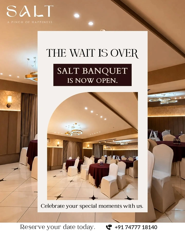Banquet Halls & Venues creative ad: Arch-framed poster over hall, opening announcement