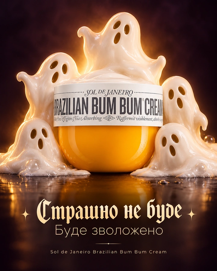 Halloween creative ad: Body cream jar surrounded by ghosts made of whipped cream