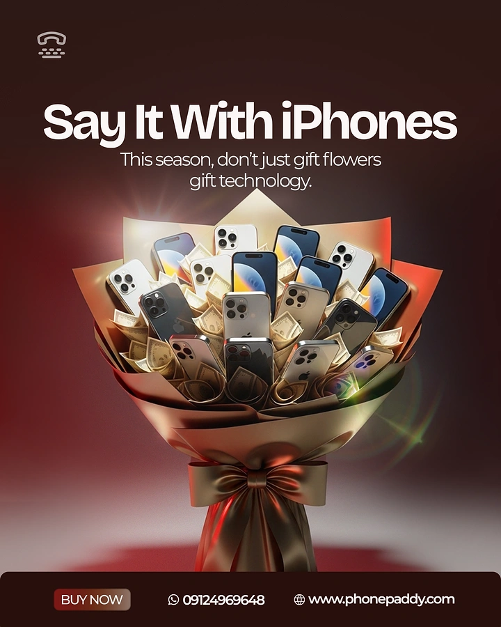 Valentine's Day creative ad: Bouquet of iPhones and banknotes wrapped in gold paper