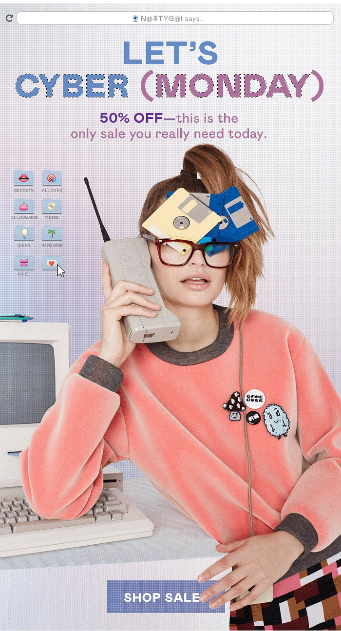 Cyber Monday creative ad: Model with floppy disks in hair and brick phone