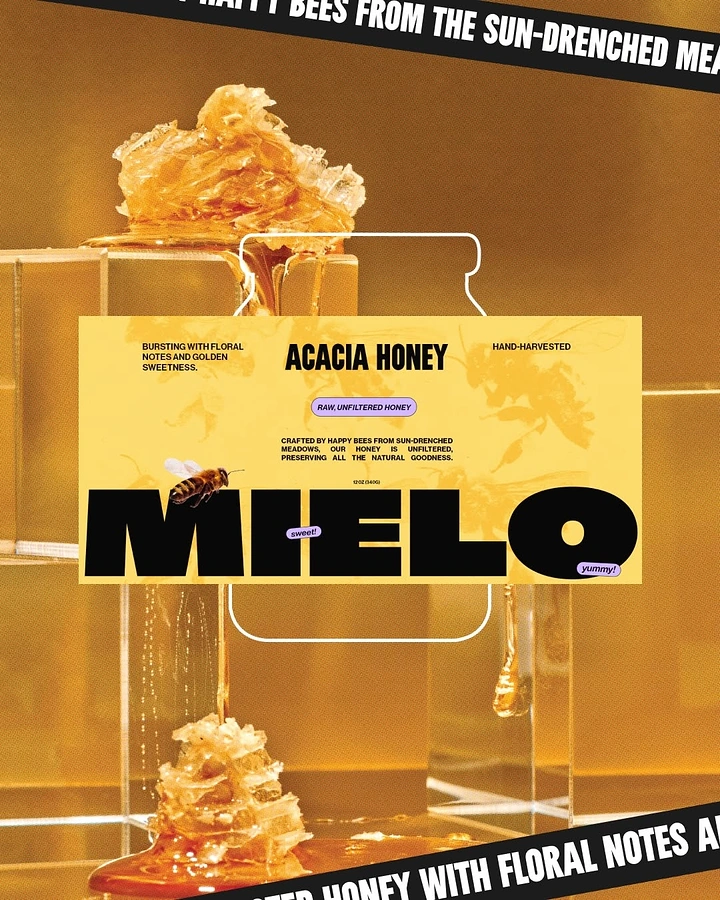 Honey Brands creative ad: Honeycomb chunks dripping over clear acrylic blocks with an oversized label panel