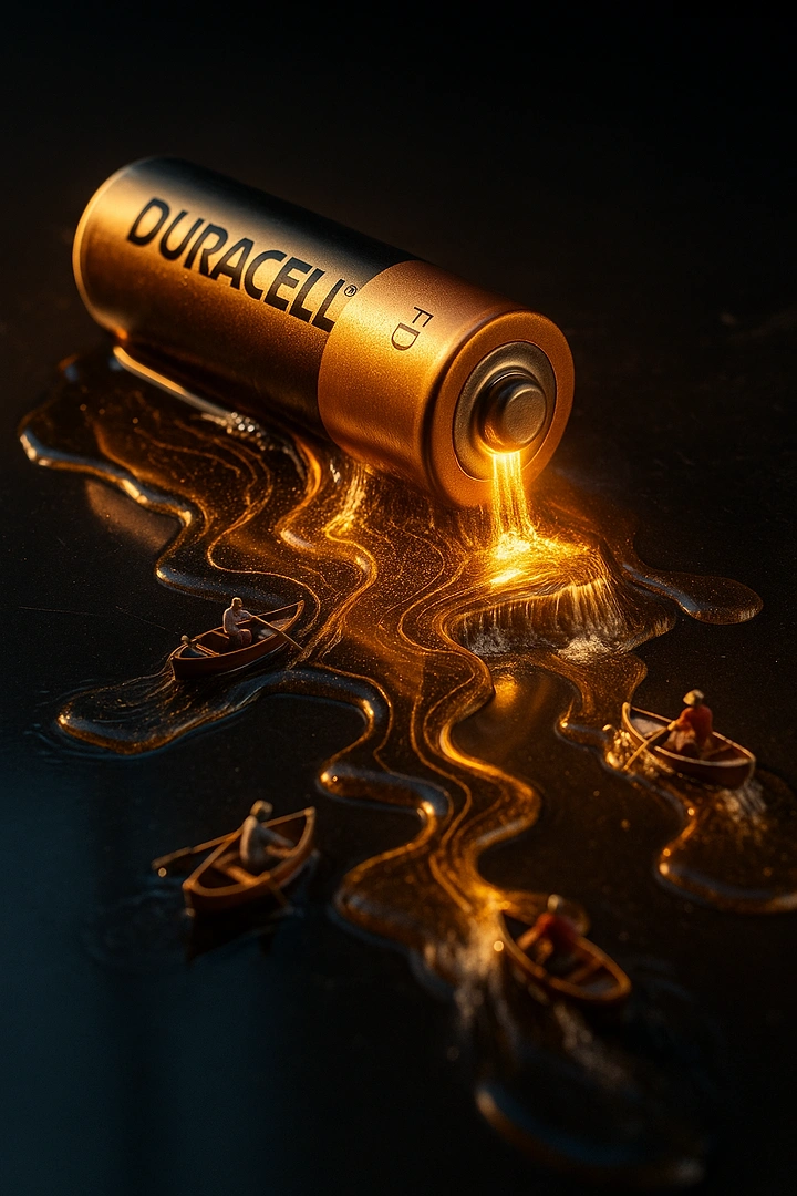 Batteries & Inverters creative ad: Battery pouring glowing golden energy river with tiny boats
