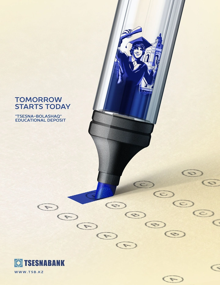 Finance & Banking creative ad: Marker with a graduate illustration in its ink barrel, filling in an exam answer bubble
