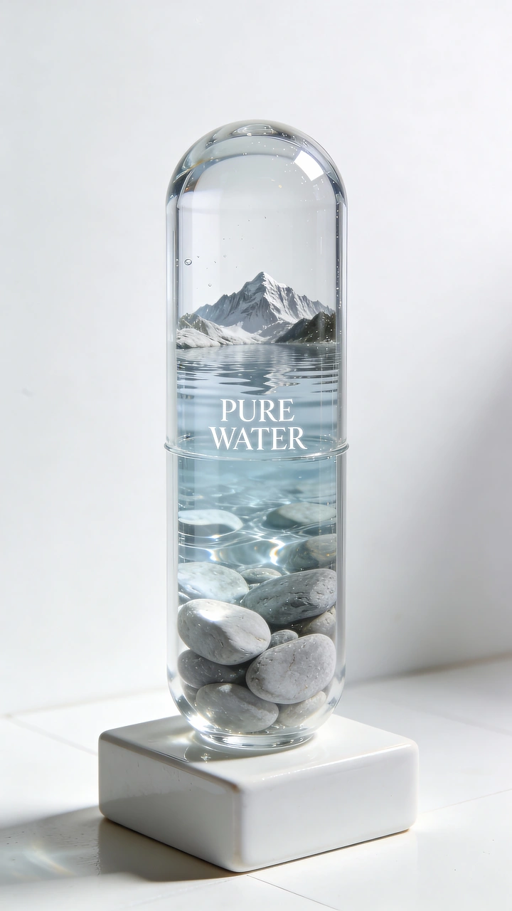 Packaged Drinking Water creative ad: Mountain landscape contained in bottle