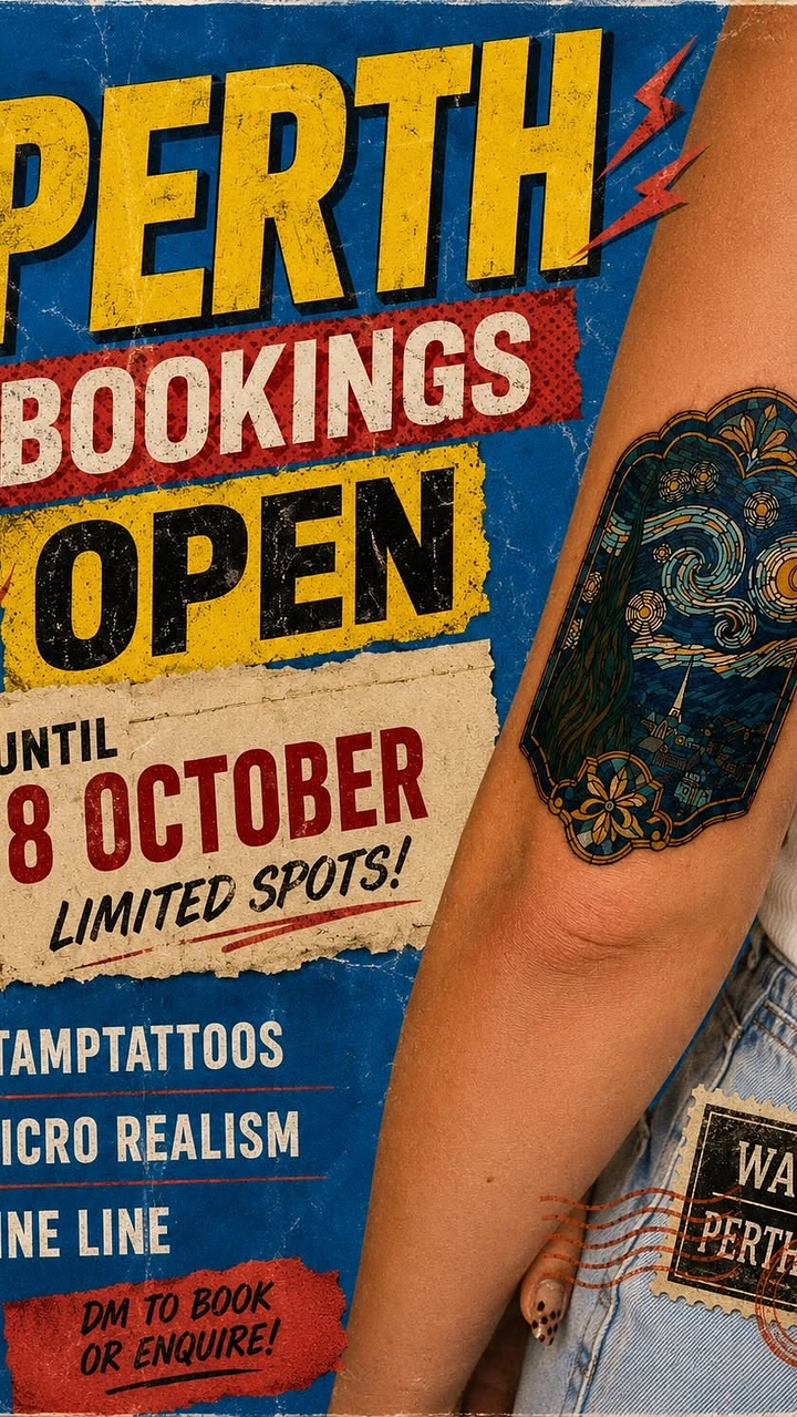 Tattoo Studios creative ad: Torn-paper collage flyer over tattooed arm