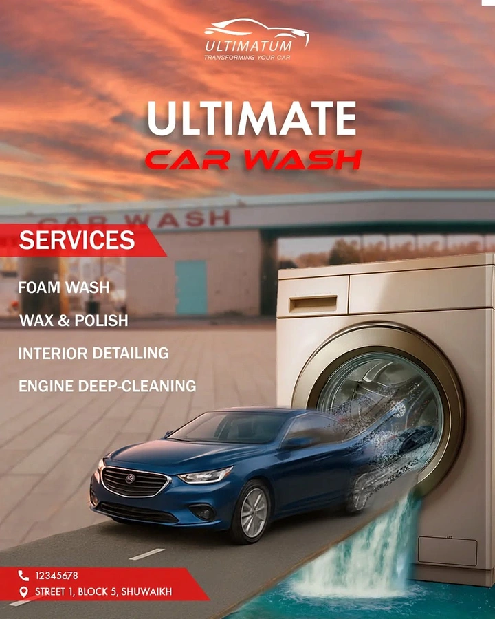 Car Wash & Detailing creative ad: Car emerging from washing machine metaphor