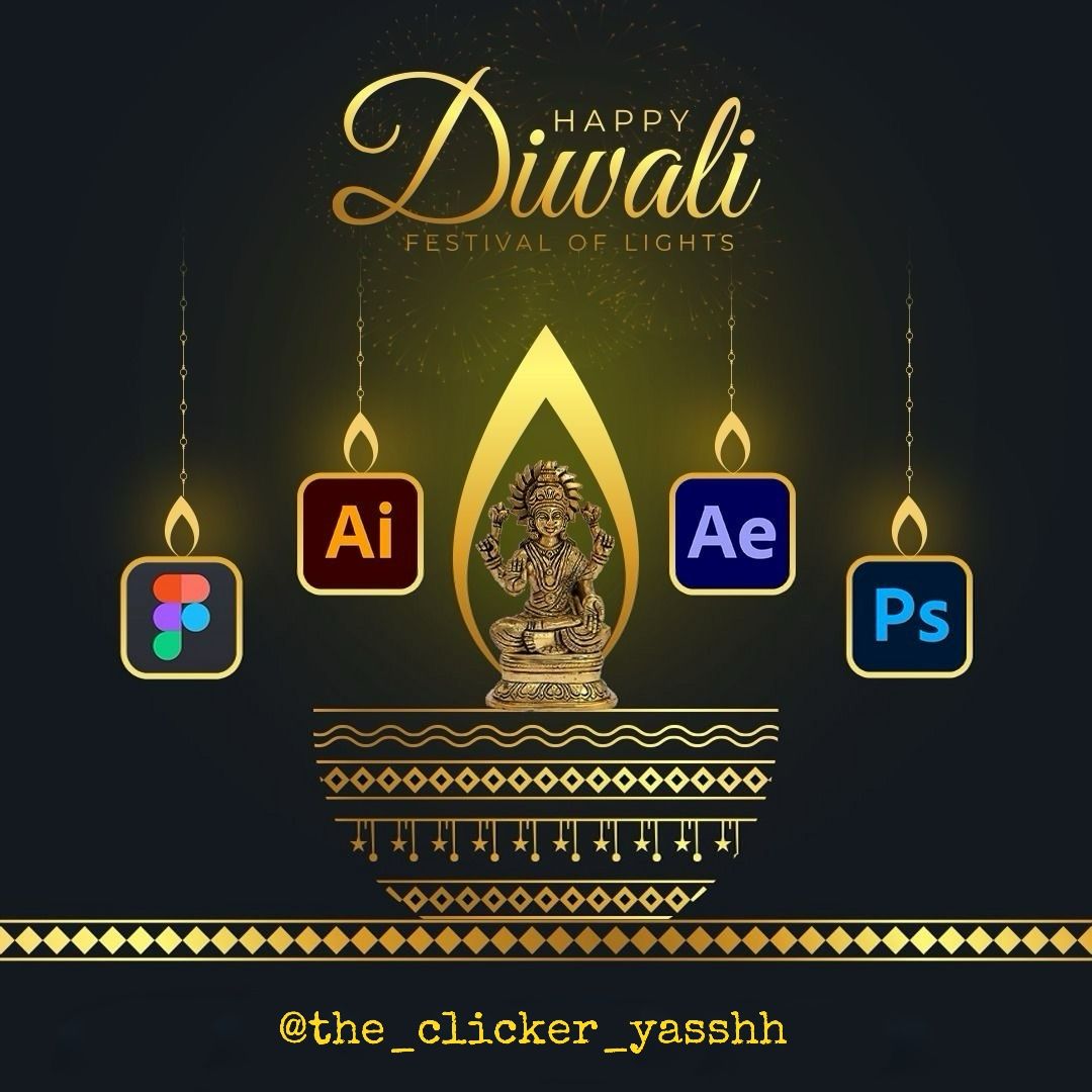 Diwali Poster: A devotional diya composition surrounded by creative-software icons