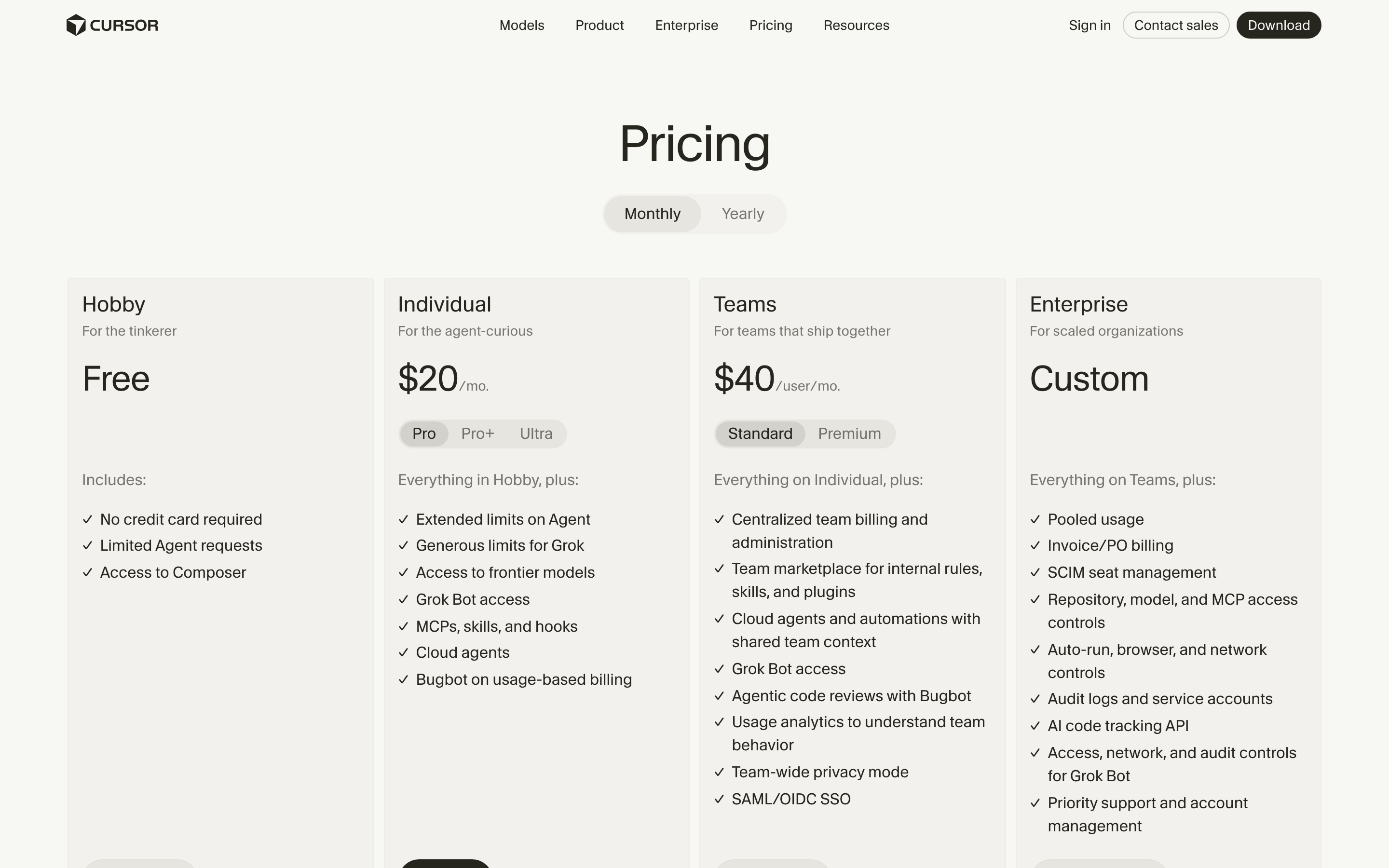 Cursor pricing page