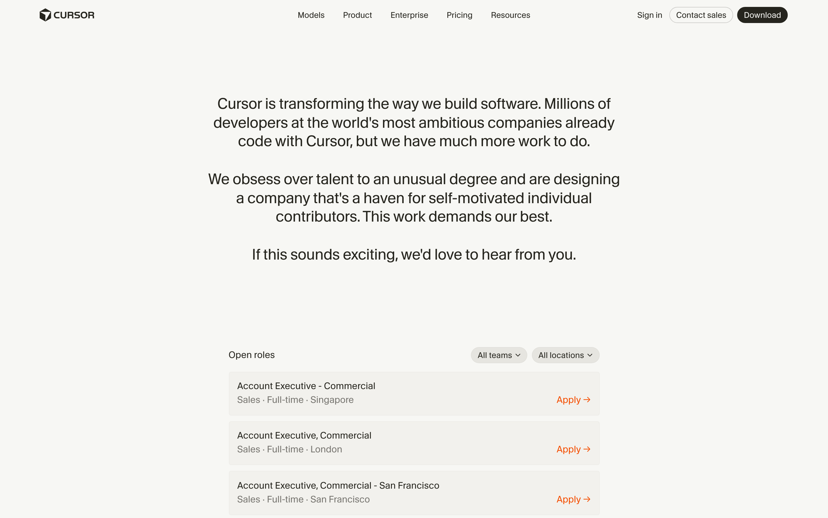 Cursor careers page