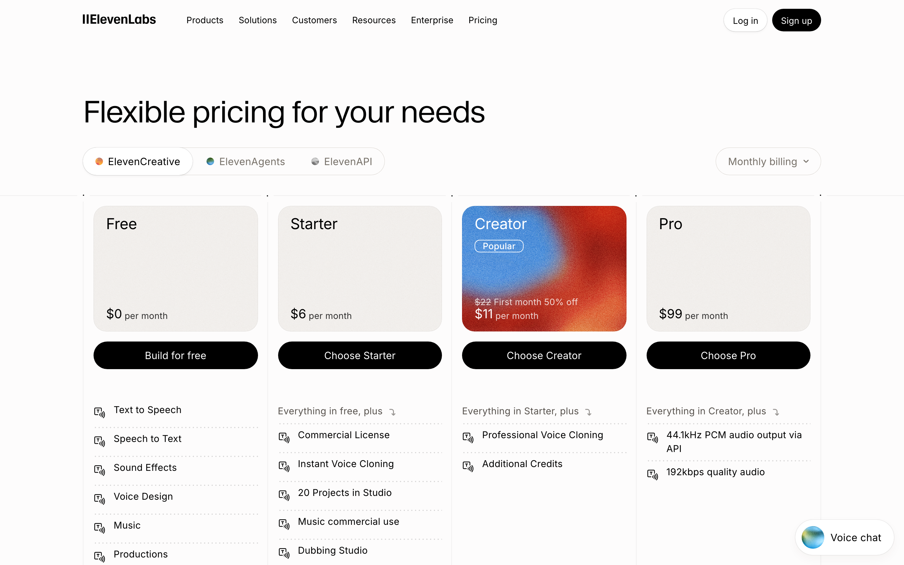 ElevenLabs pricing page