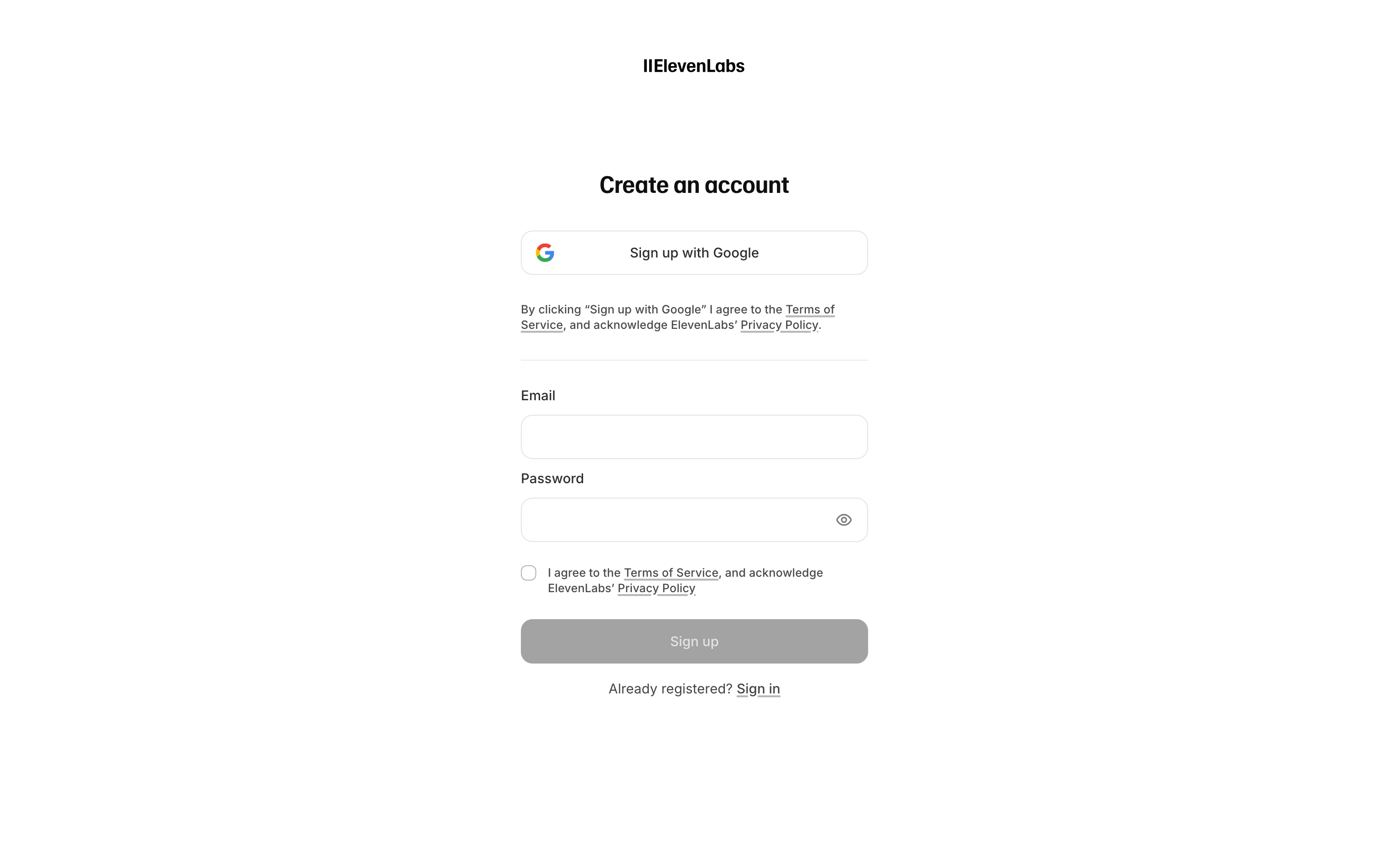 ElevenLabs signup page