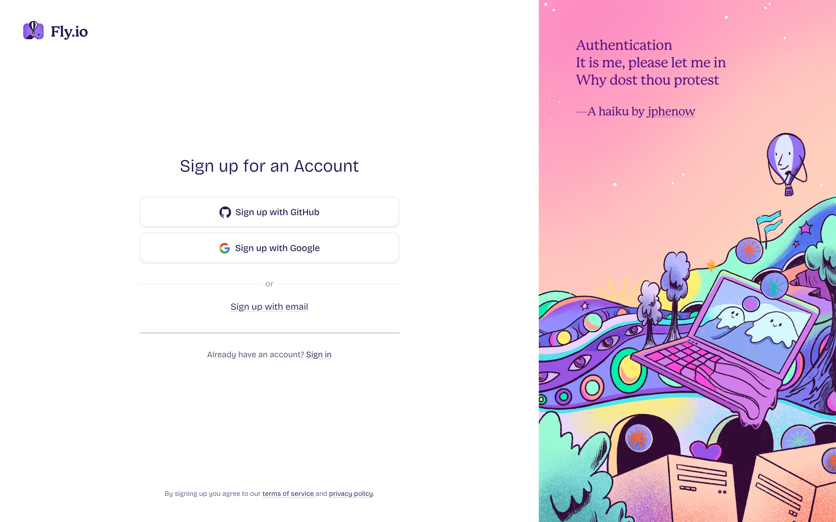 Fly.io signup page