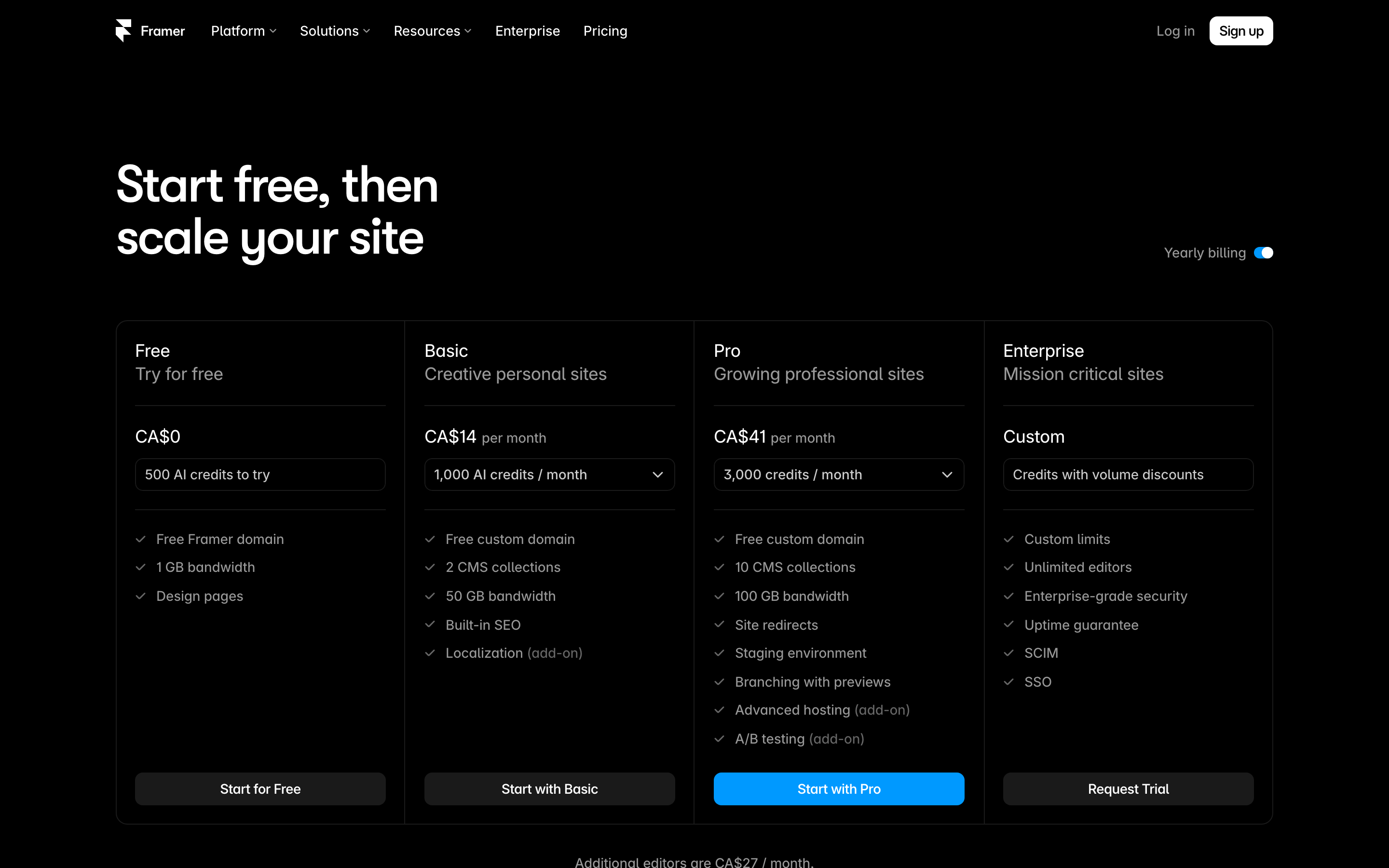 Framer pricing page
