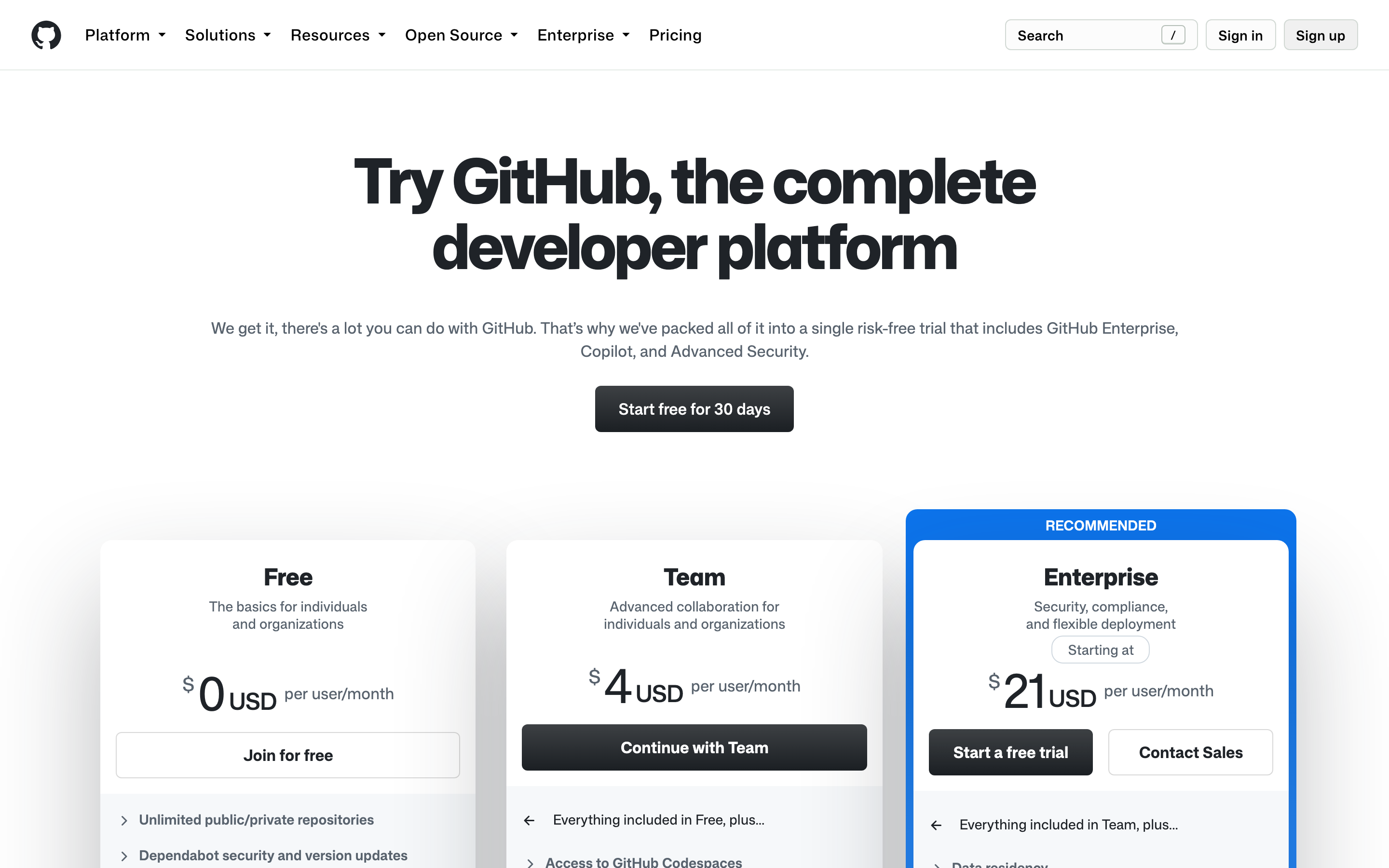 GitHub pricing page