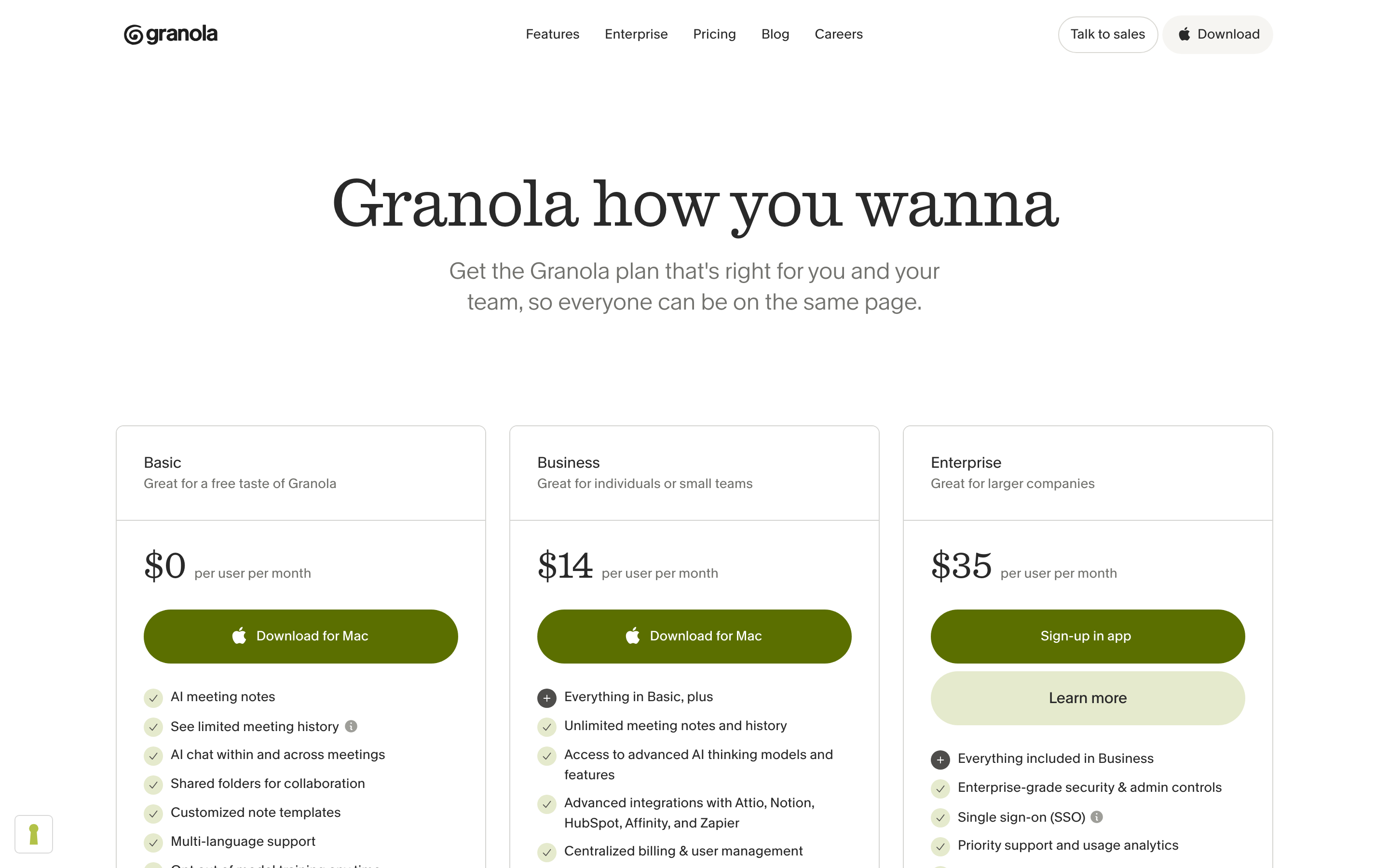 Granola pricing page