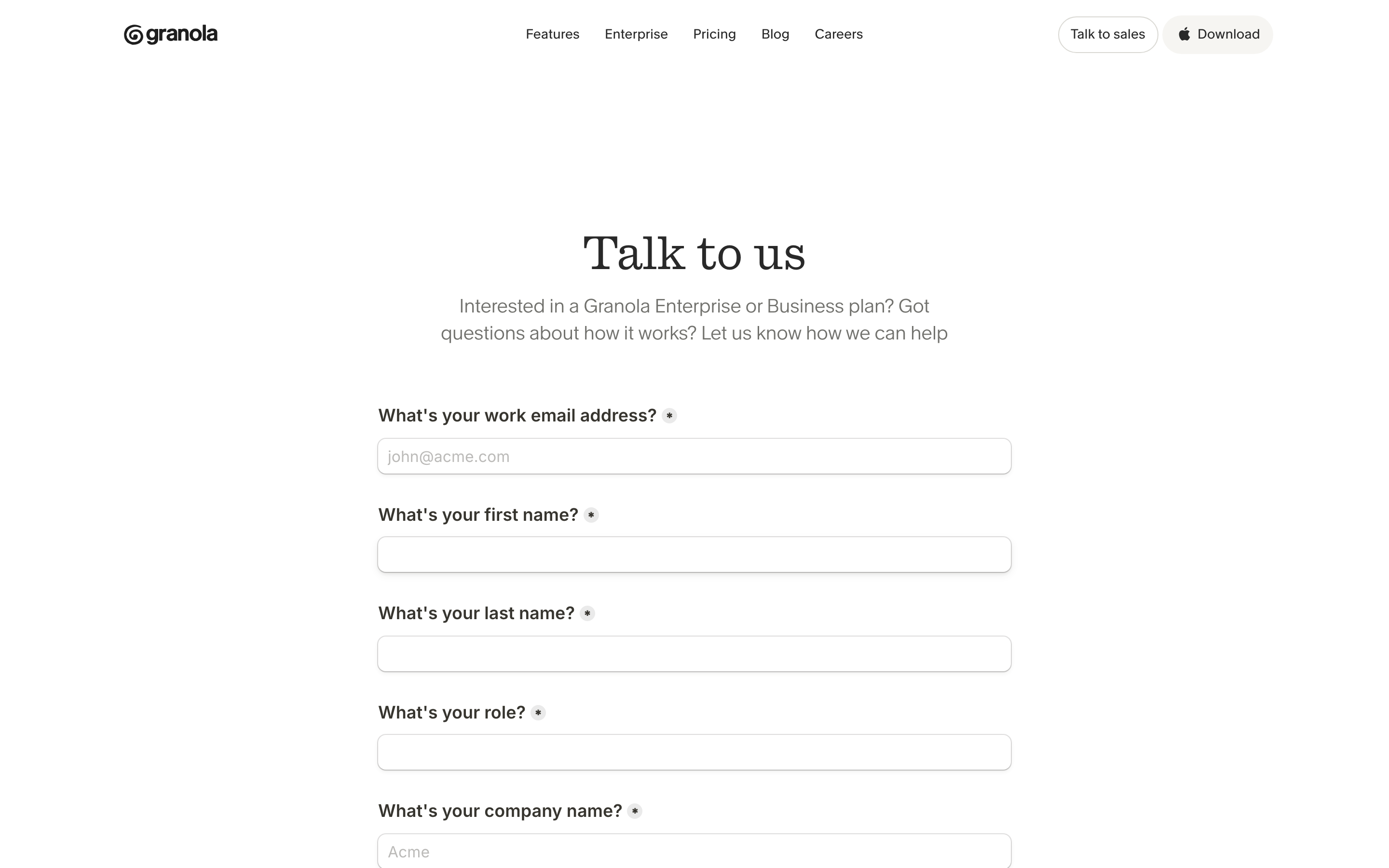 Granola contact page