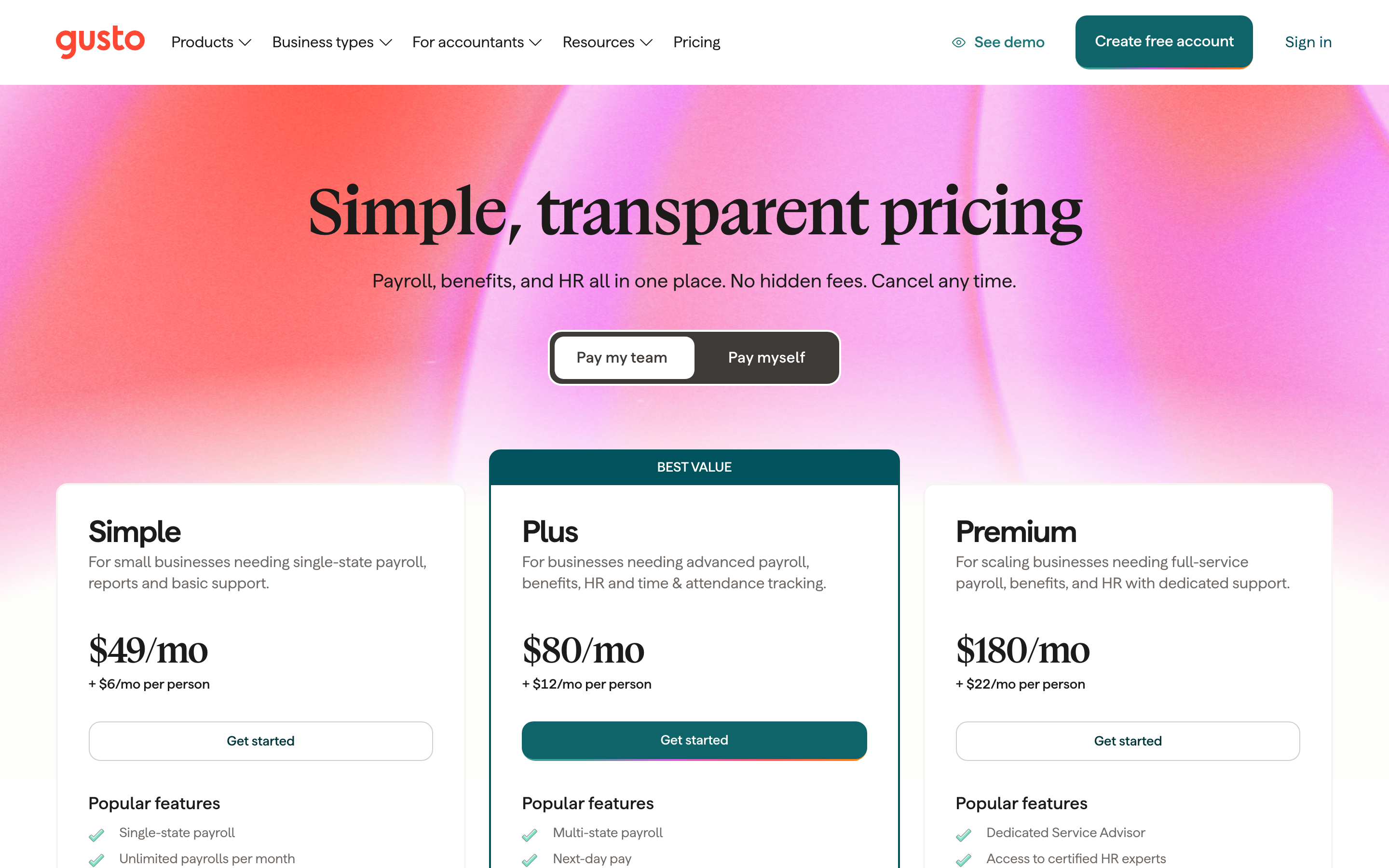 Gusto pricing page