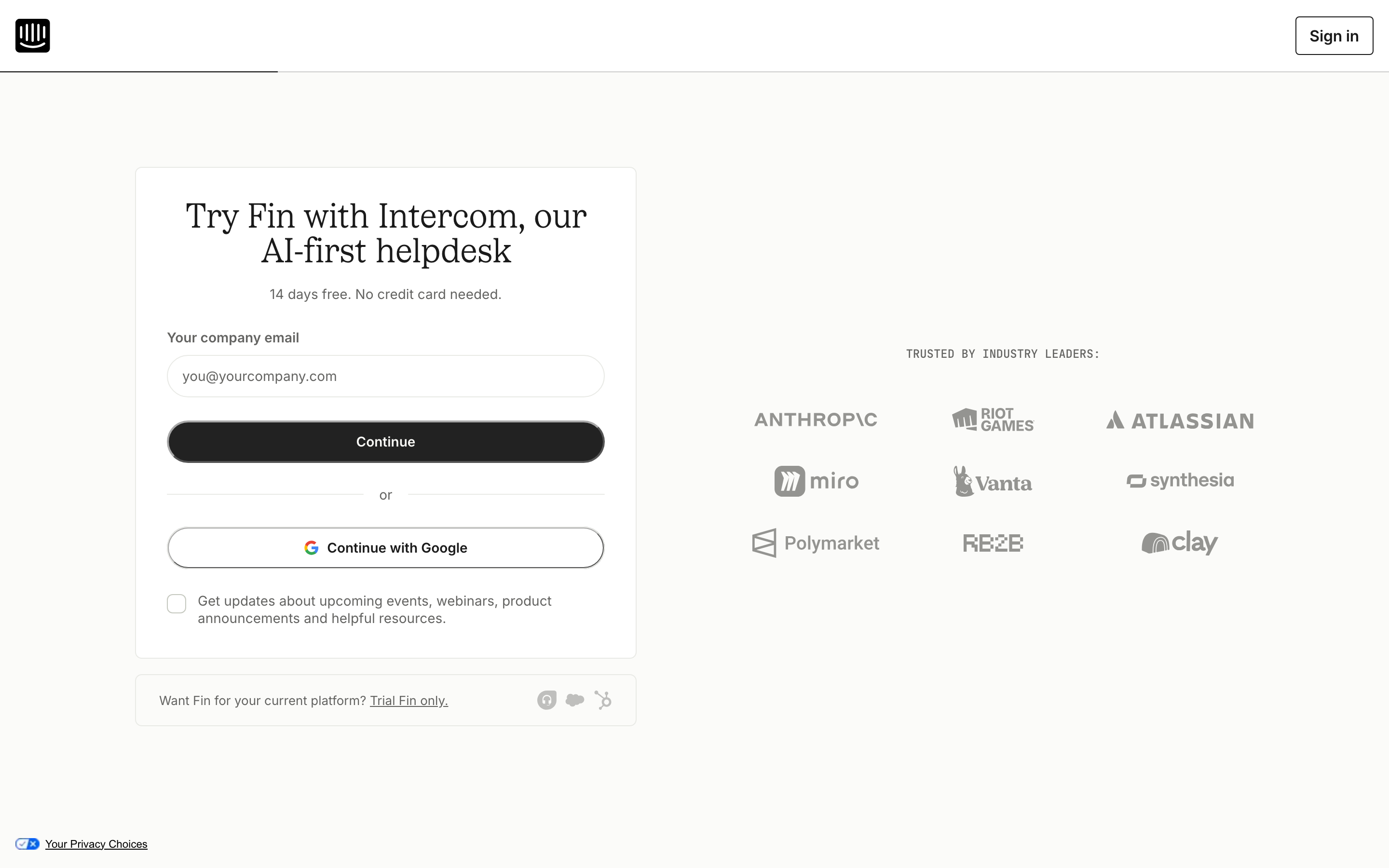 Intercom signup page