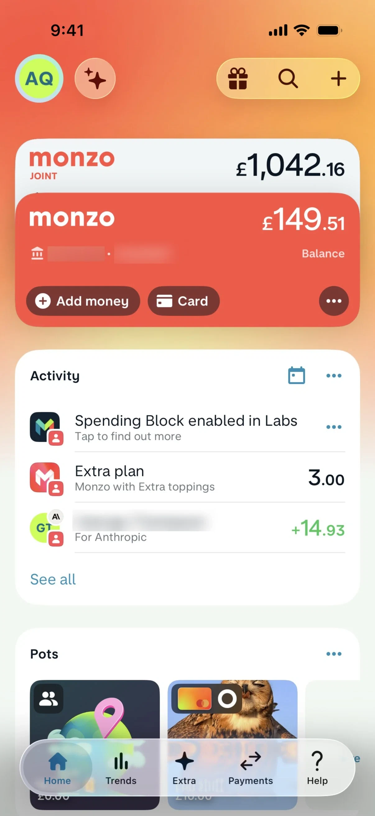 Monzo iOS app screen
