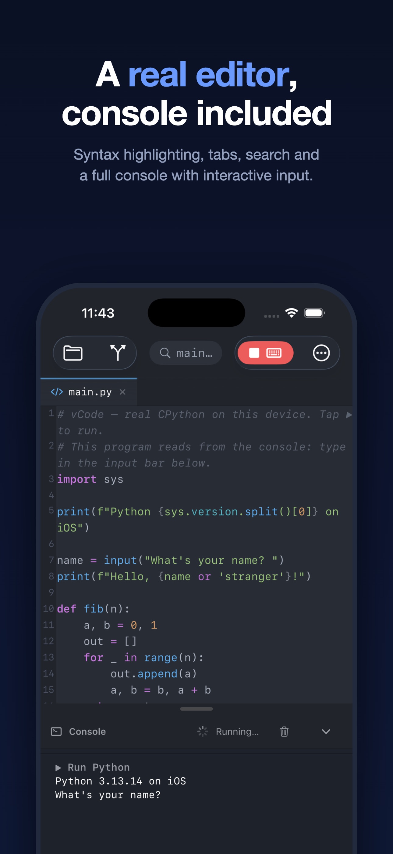 Visual Code Editor iOS app screen 1