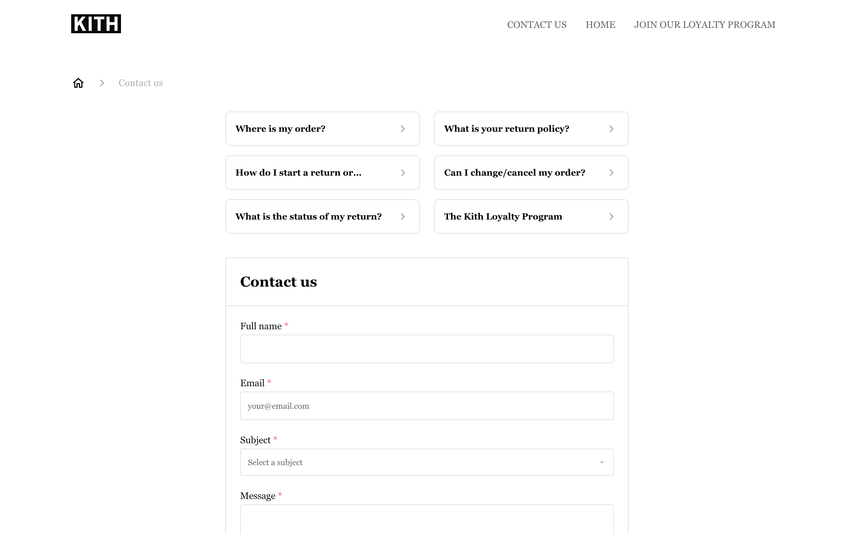 Kith contact page