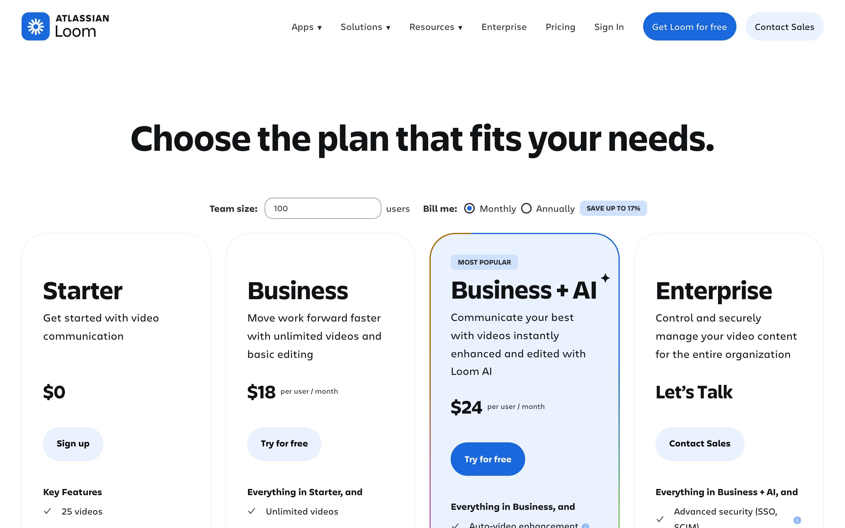Loom pricing page