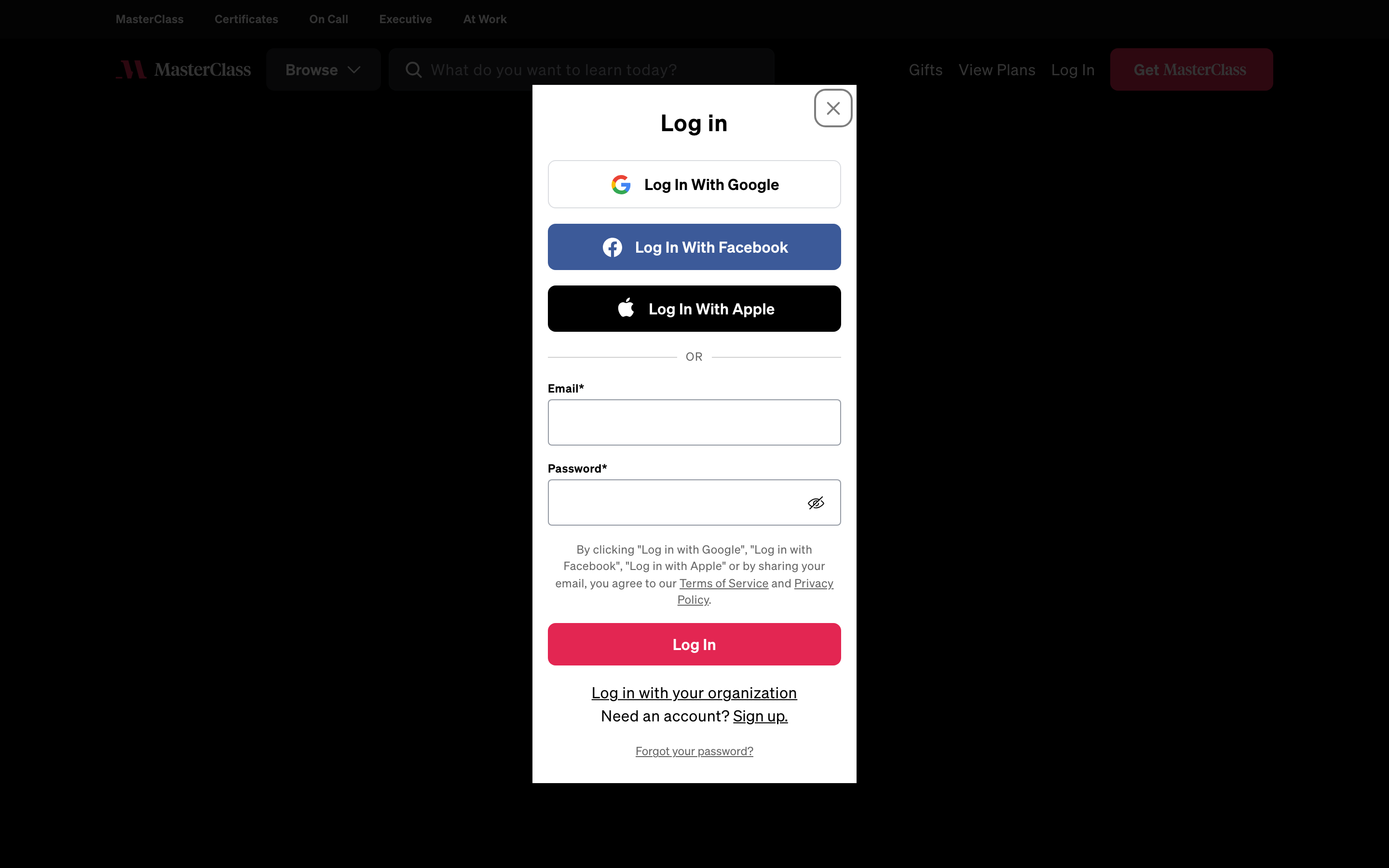 MasterClass login page