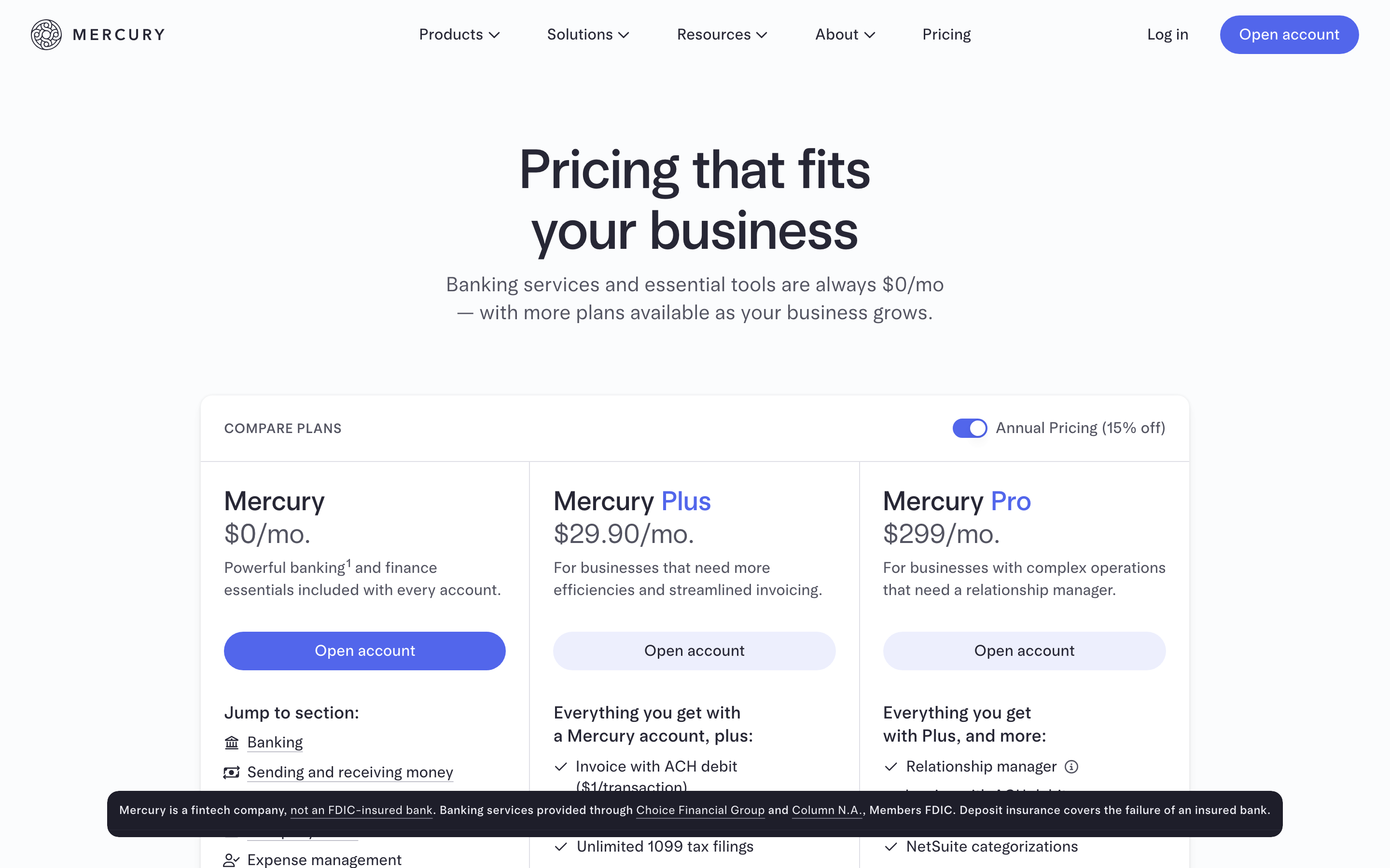 Mercury pricing page