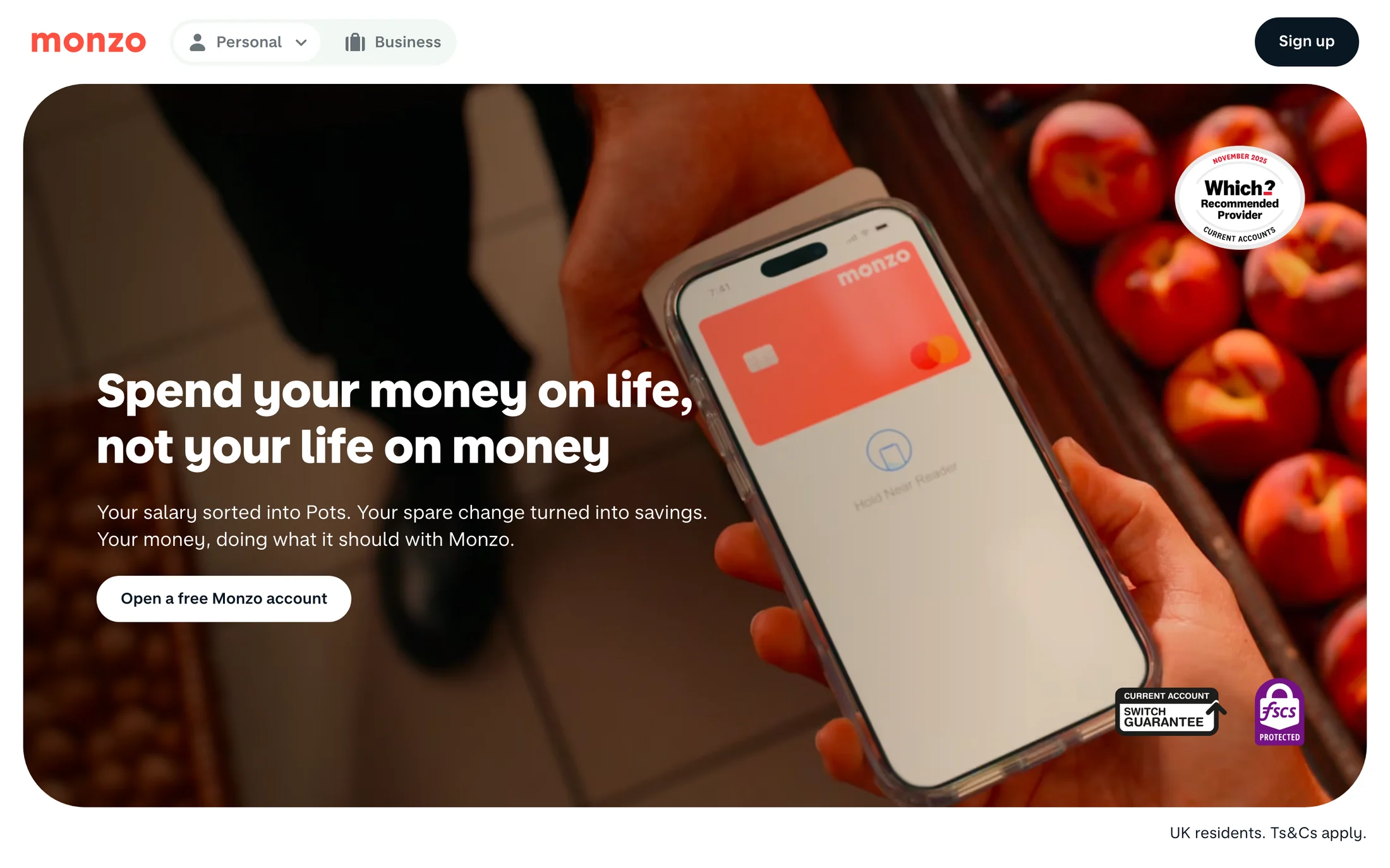 Monzo website color scheme