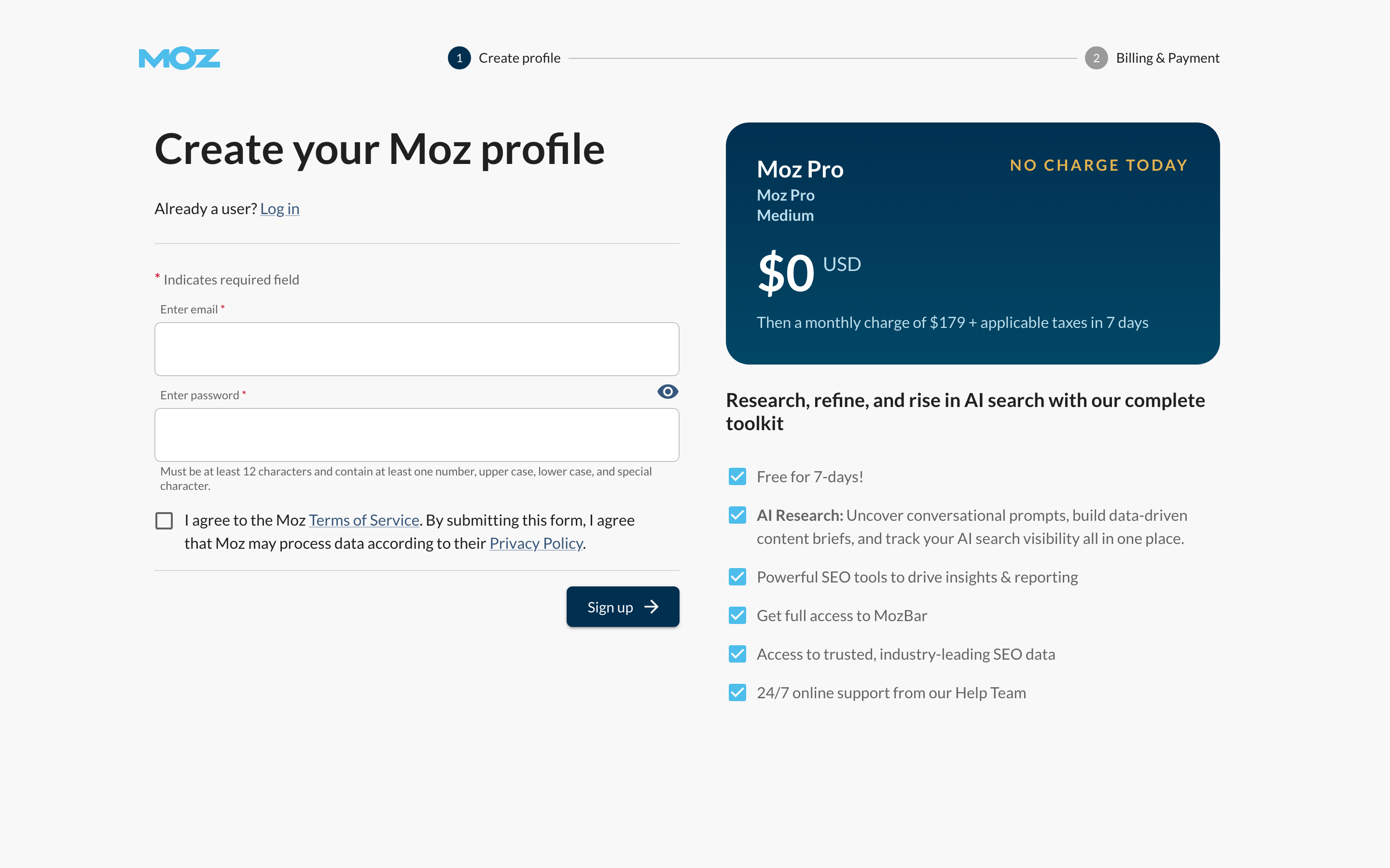 Moz signup page