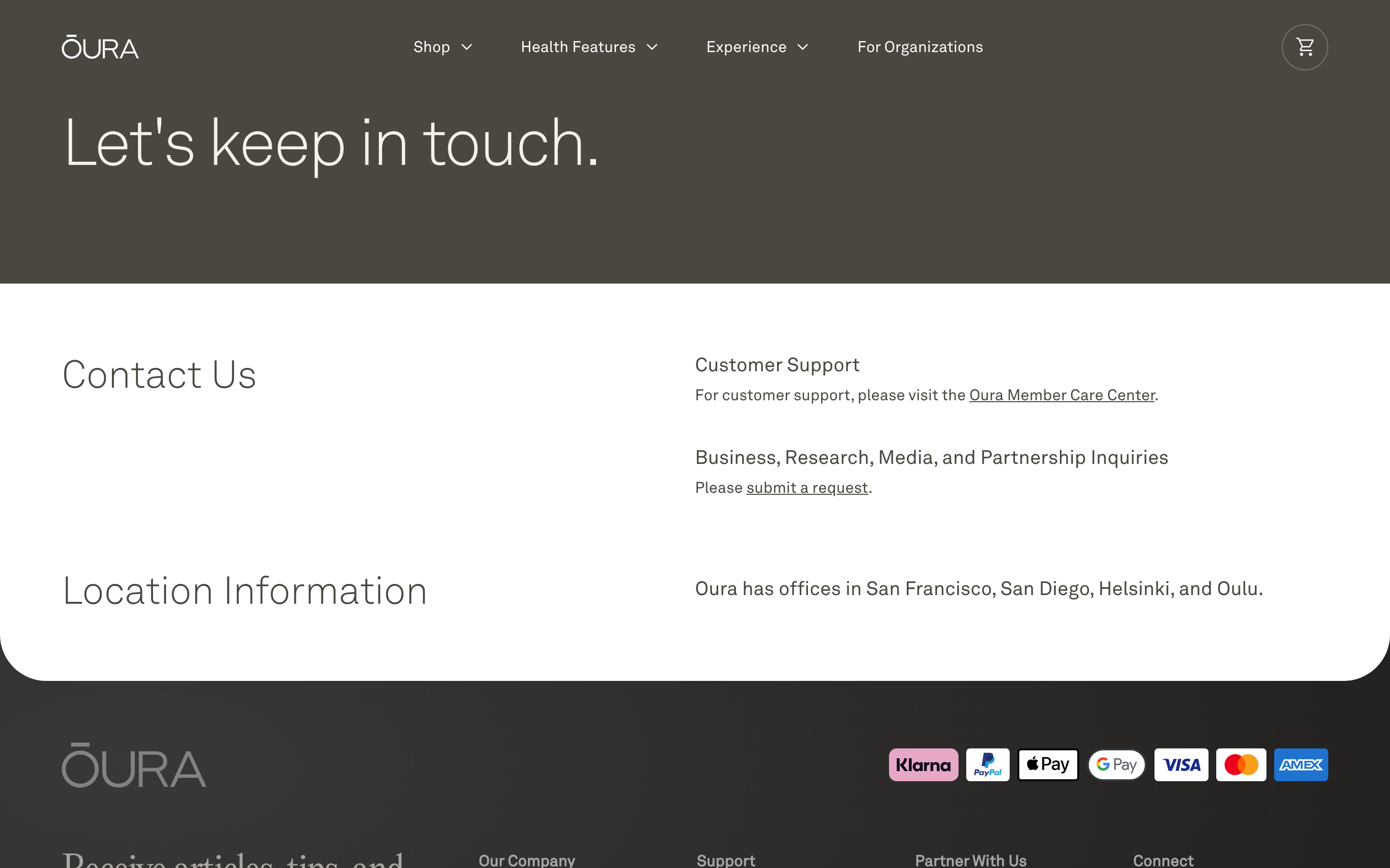 Oura contact page