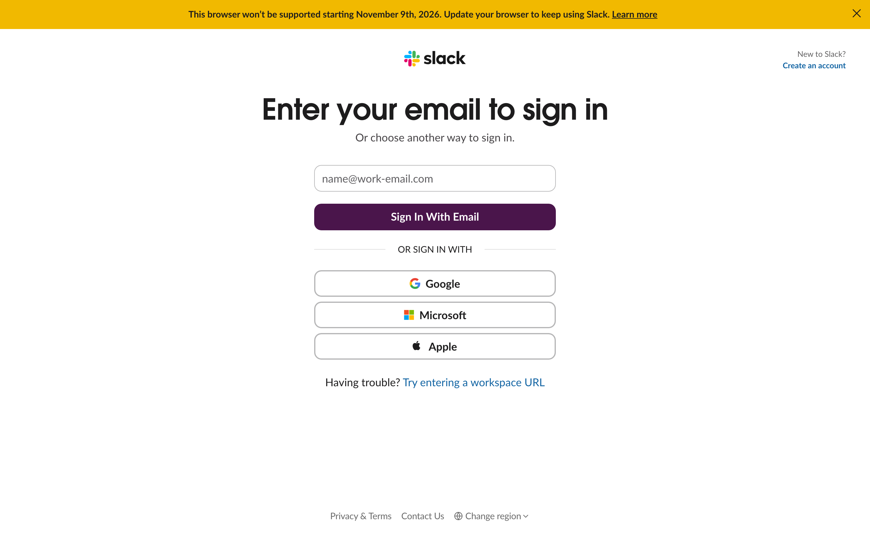 Slack login page